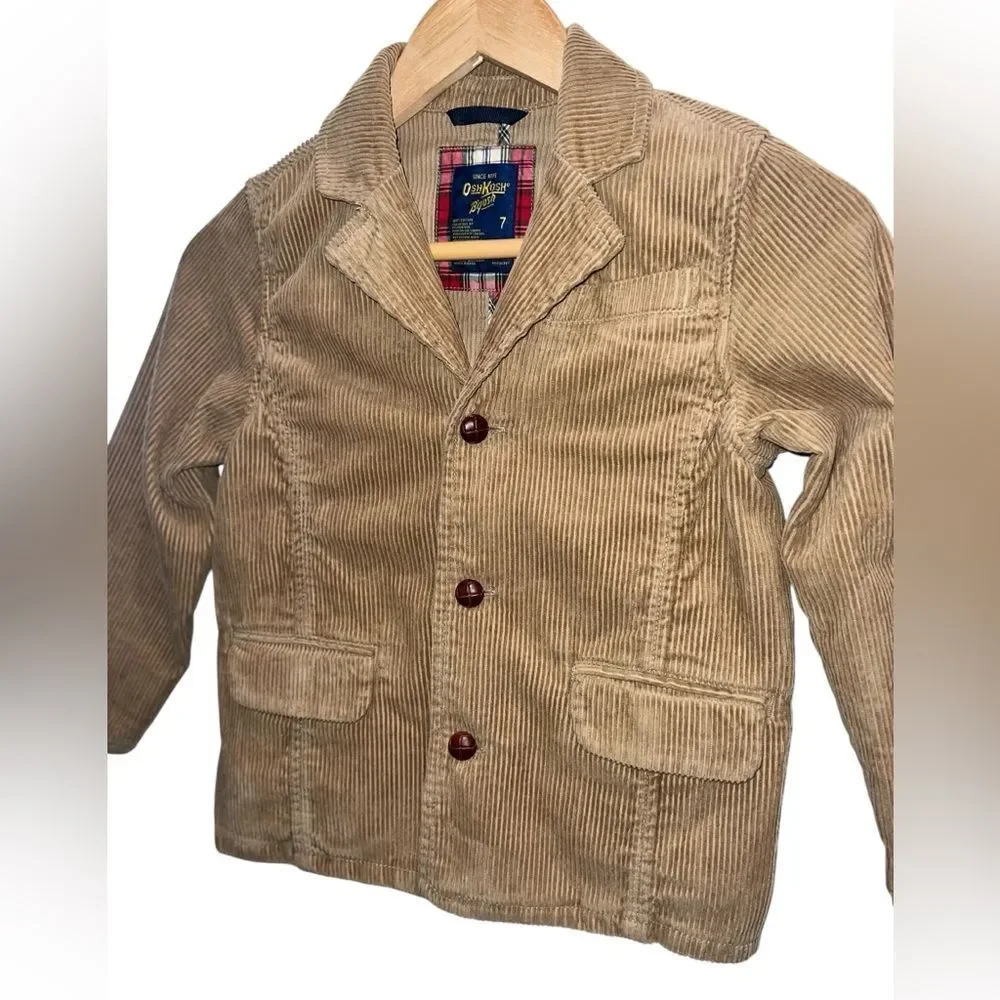 OshKosh B’gosh Boys Size 7 Tan Corduroy Blazer Plaid Lined Jacket